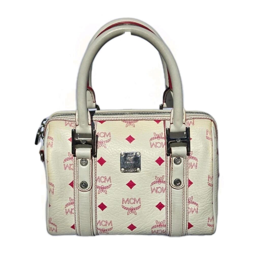 MCM Visetos Boston Bag Mini - White with Pink